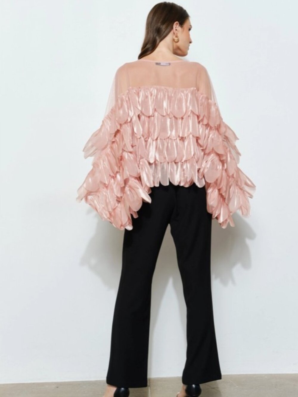 INA Mauve Ruffle Blouse Sheer Organza Scallop Layered Statement Top - Large - Picture 4 of 5